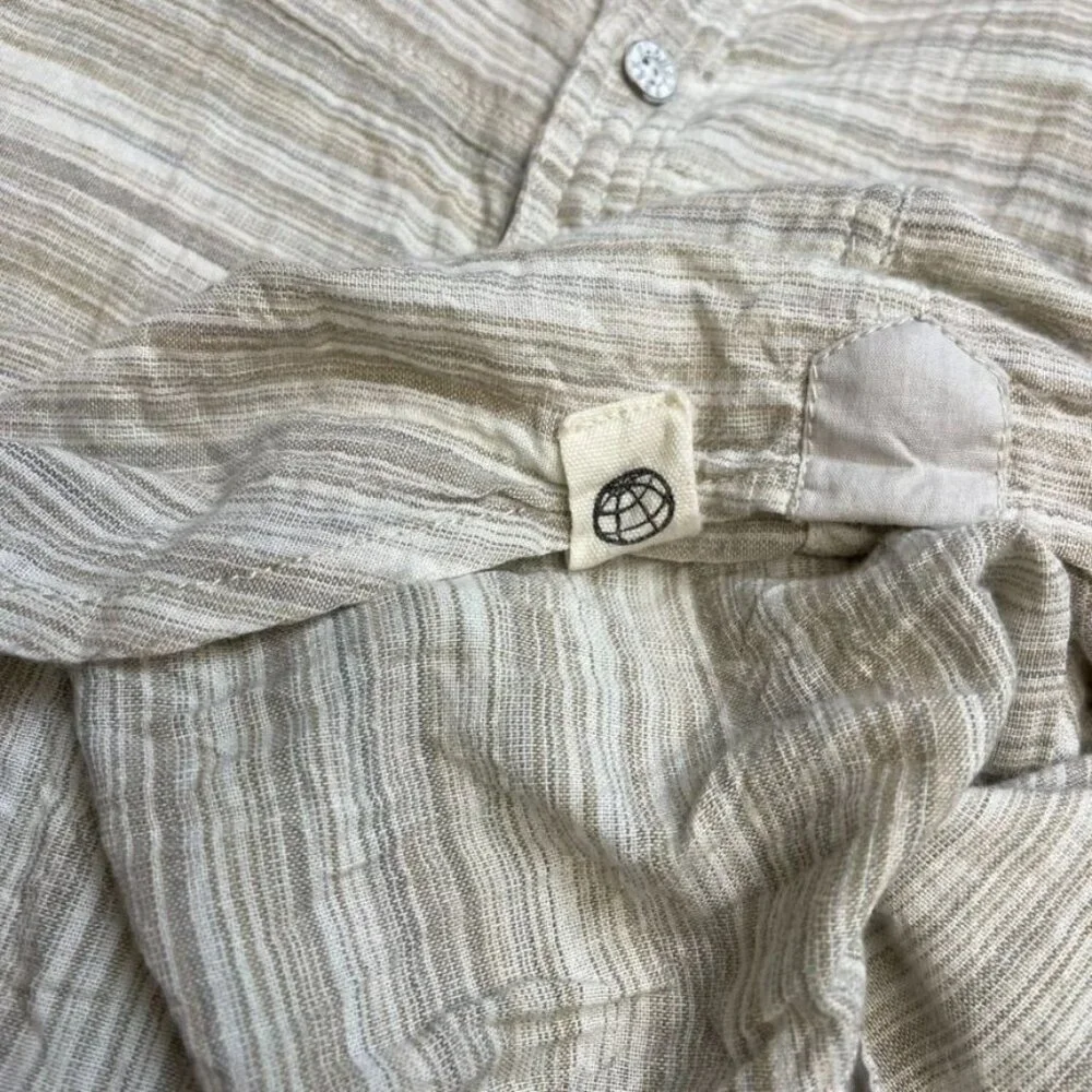 Free Planet Men's Beige Cotton Shirt Button-Down Striped Short Sleeve Large - Picture 5 of 6
